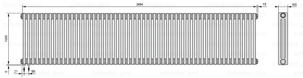 Схема (чертеж) Радиатор Zehnder Charleston 3100/54 №3370 Белый глянцевый RAL 9016